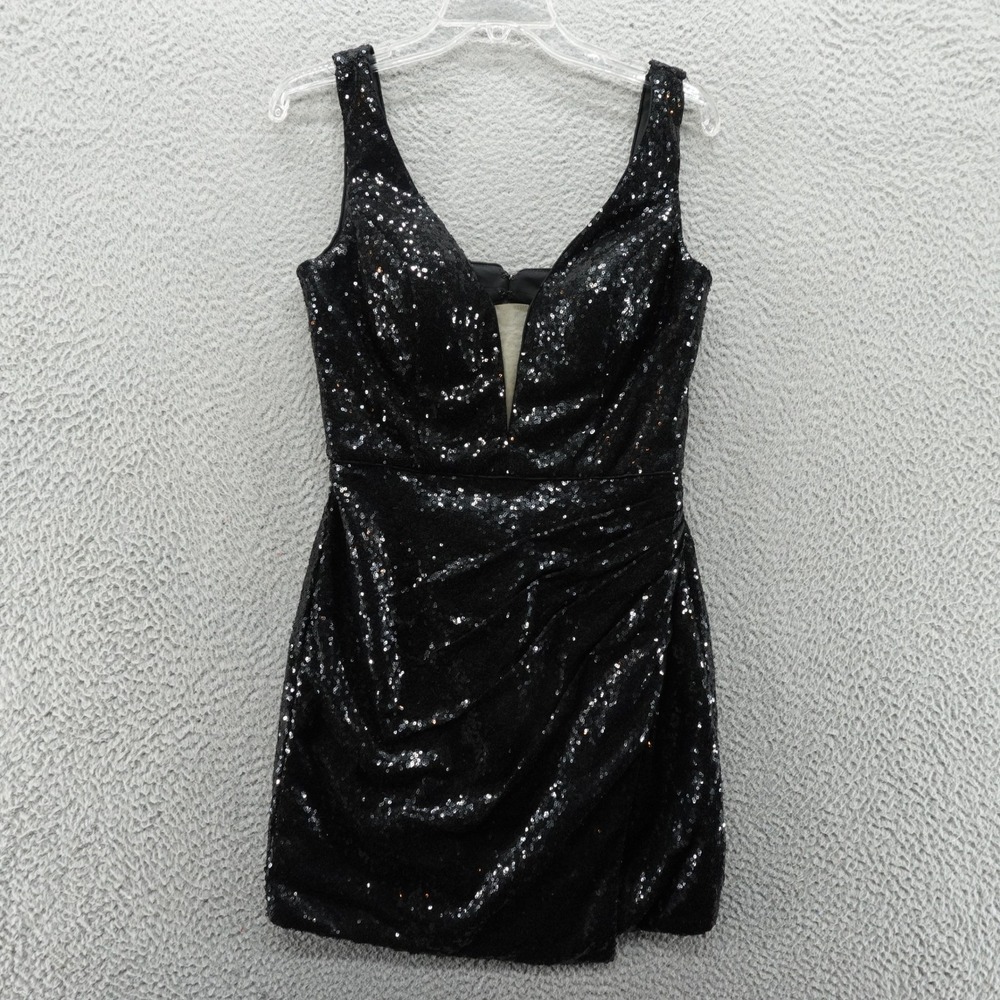 Alyce Paris Black Sequin Mini Dress Womens 10 V-Neck Open Back Ruched Formal